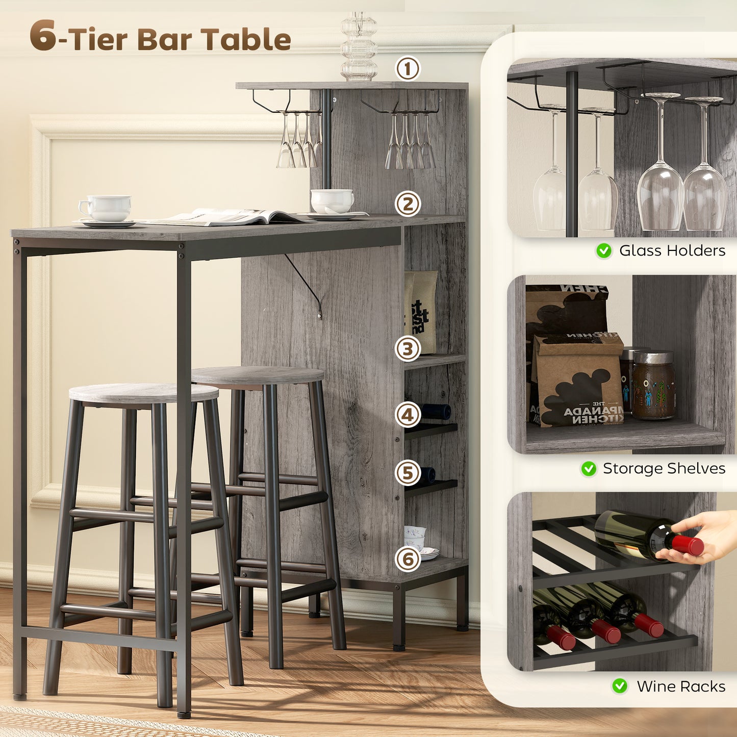 3 Pieces Dining Room Set, 6-Tier Dining Table and Stools, Natural