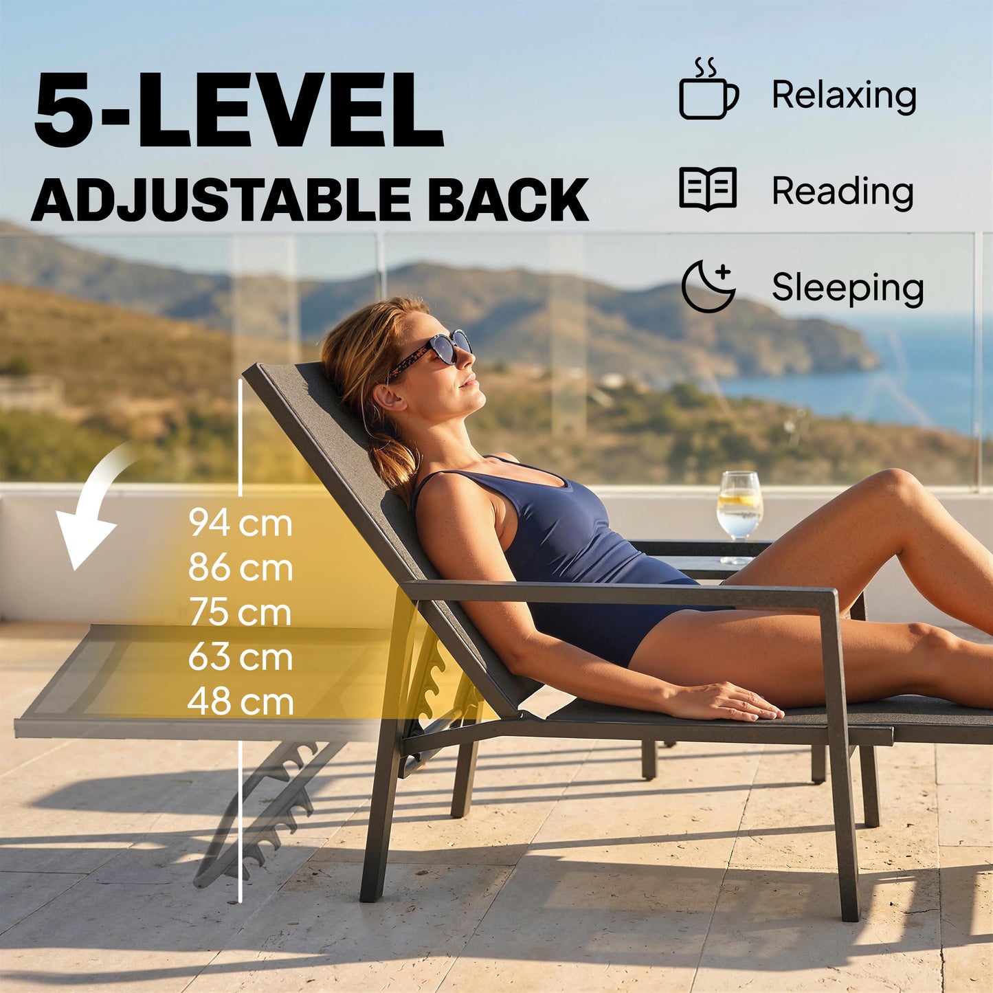Sun Lounger w/ Retracable Footrest, 5-Position Adjustable