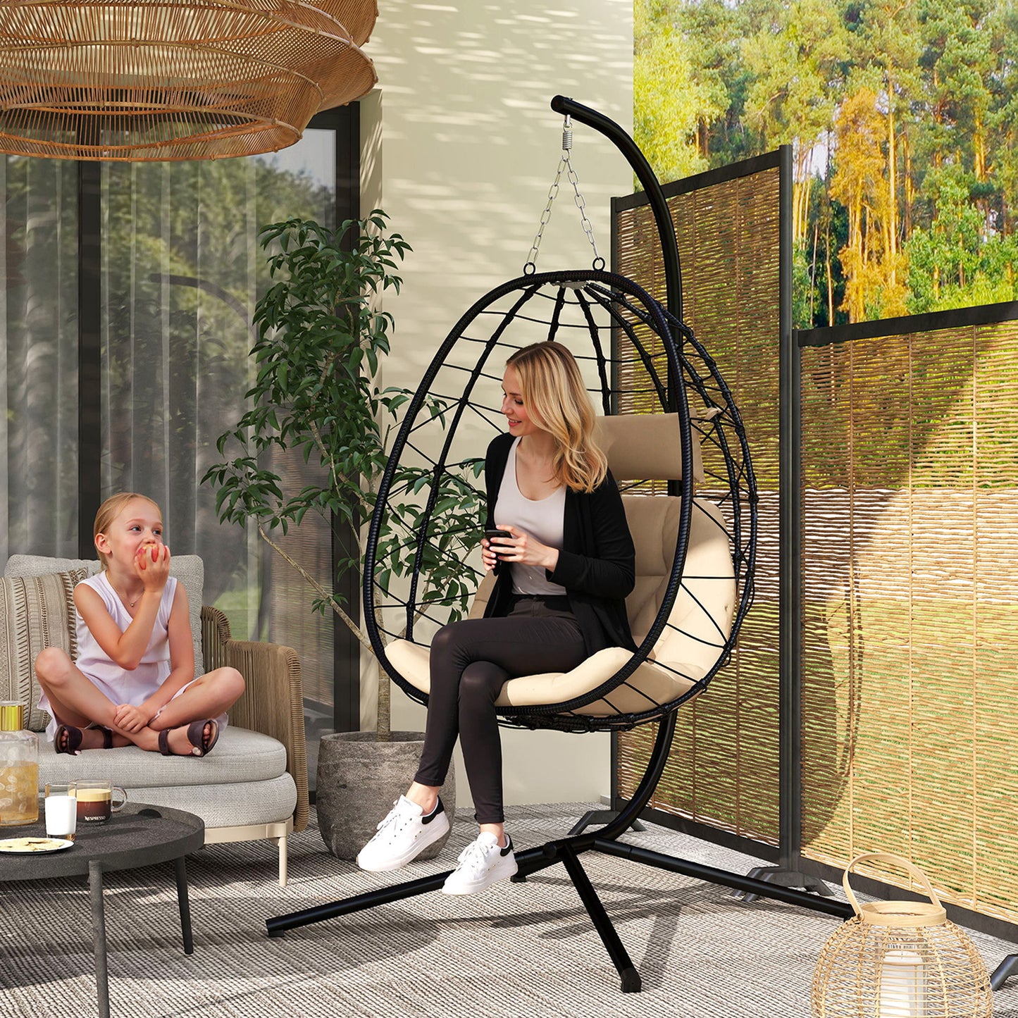 Garden Egg Chair Outdoor Hanging Swing Chair, Folding Basket, Khaki