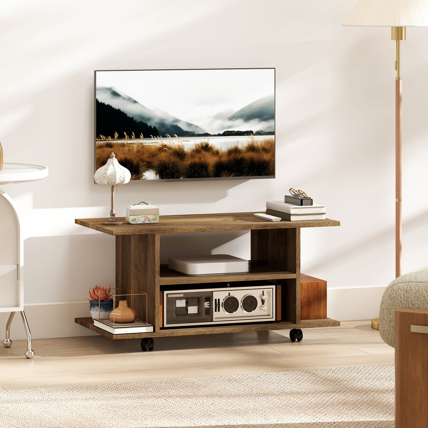 Modern TV Cabinet Stand Storage Shelves Table Mobile Walnut