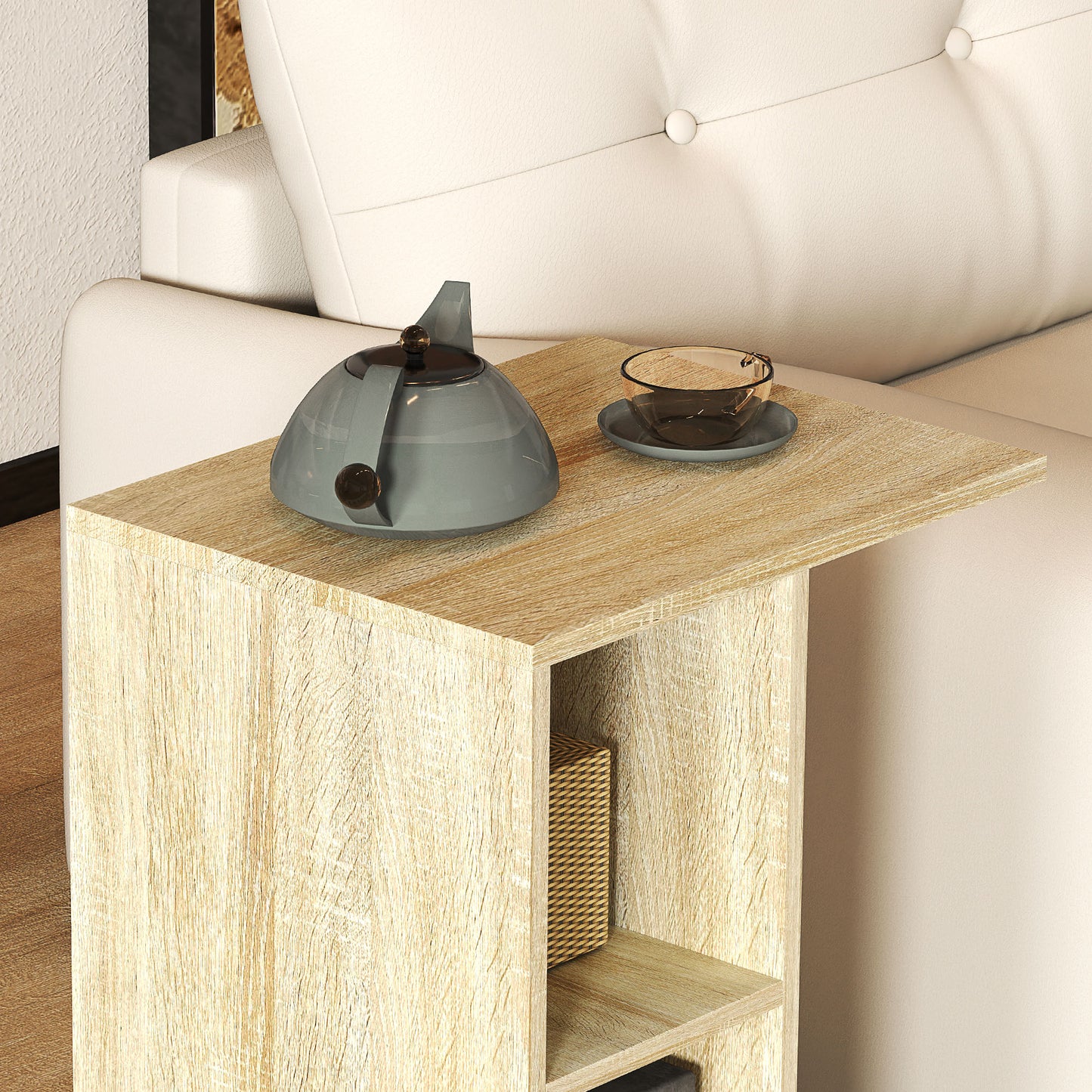 C-Shape End Table Storage Unit w/ 2 Shelves 4 Wheels Home Natural