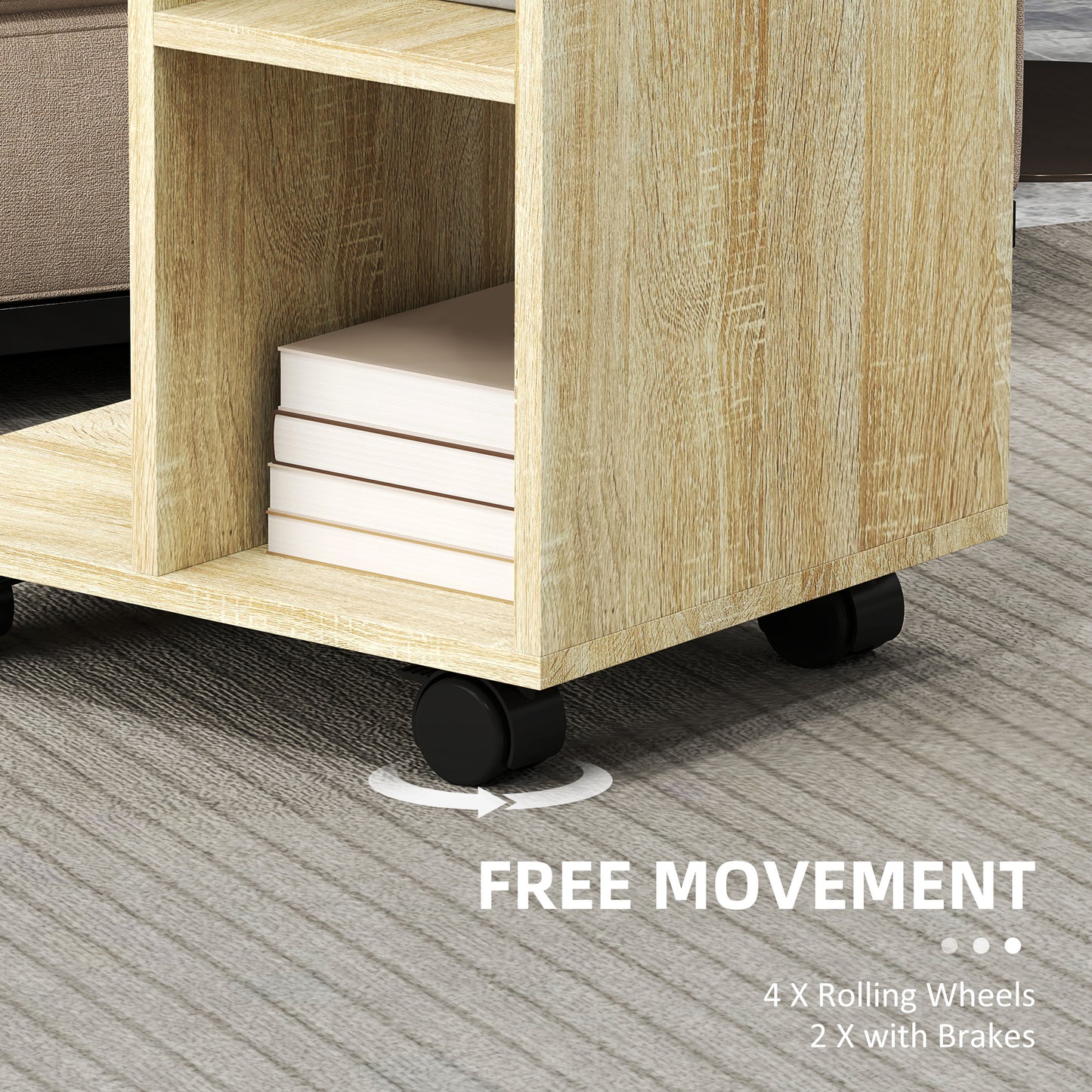 C-Shape End Table Storage Unit w/ 2 Shelves 4 Wheels Home Natural