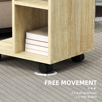 C-Shape End Table Storage Unit w/ 2 Shelves 4 Wheels Home Natural