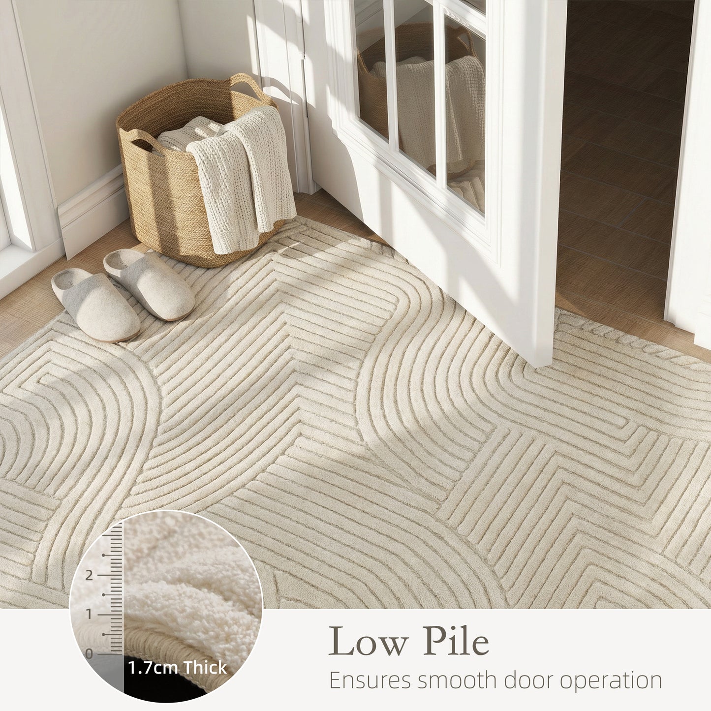 Modern Geometric Rug, Thick & Plush, Non-Slip, 200 x 140 cm – Cream
