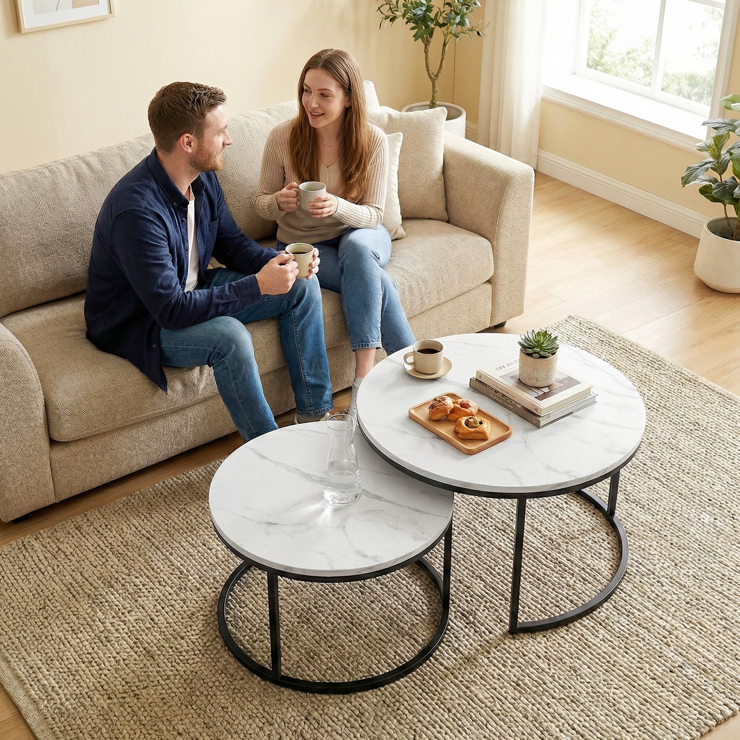 2 Pcs Stacking Coffee Table Set Steel Frame, Marble White