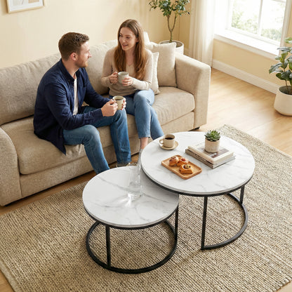 2 Pcs Stacking Coffee Table Set Steel Frame, Marble White