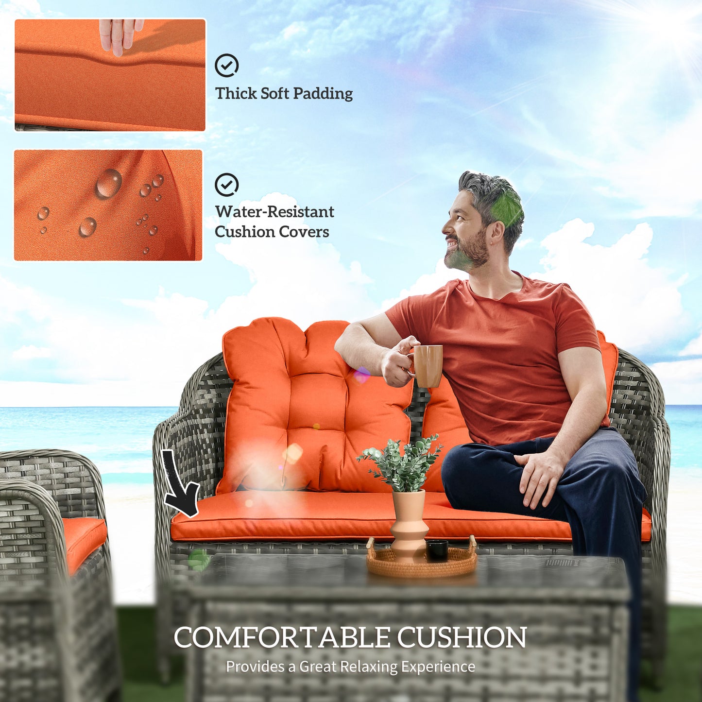 4 Pieces Rattan Sofa Set Outdoor Conservatory Furniture with Cushions