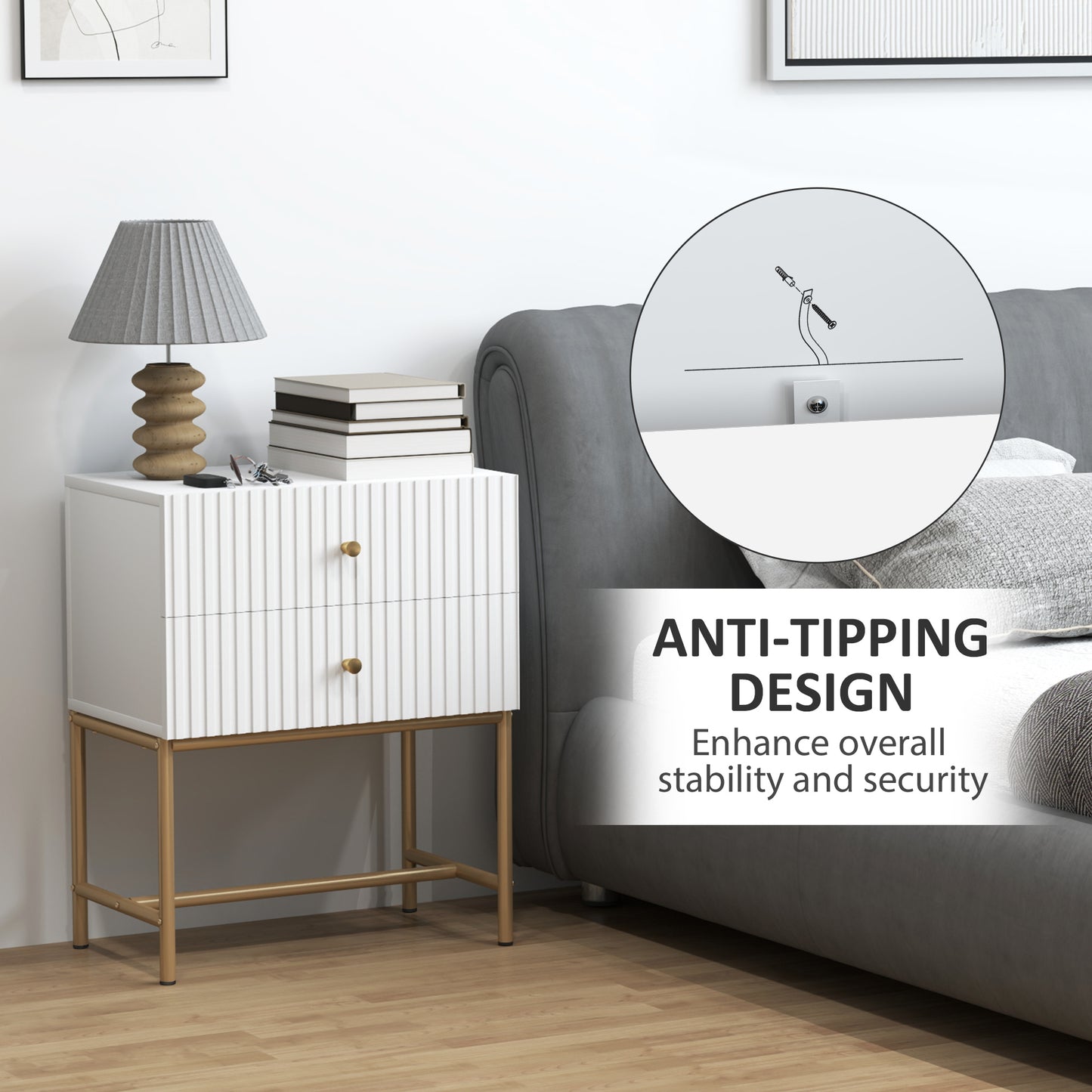 Modern Bedside Table with 2 Drawers for Bedroom, White