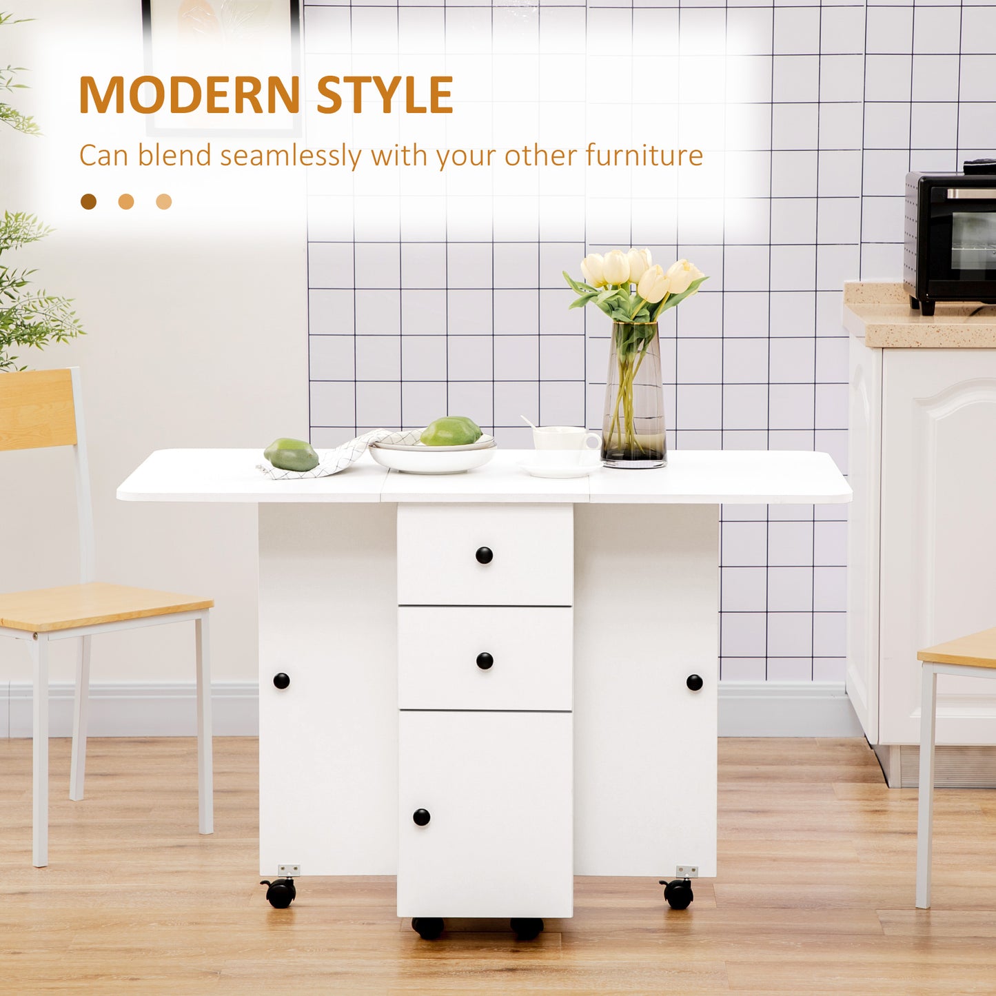 Folding Dining Table, Drop Leaf Table With Drawers White