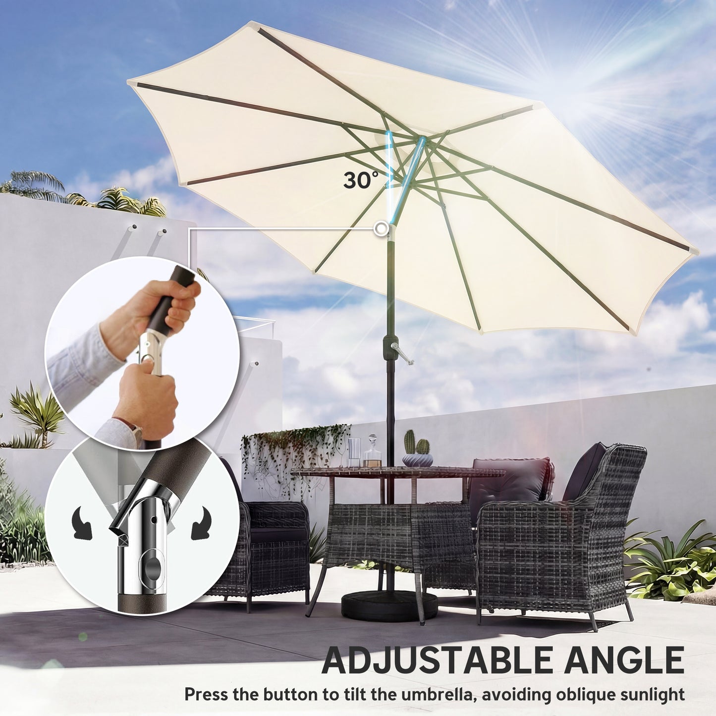 2.7 m Garden Parasol Umbrella with Cross Base, Sandbag, Cream White