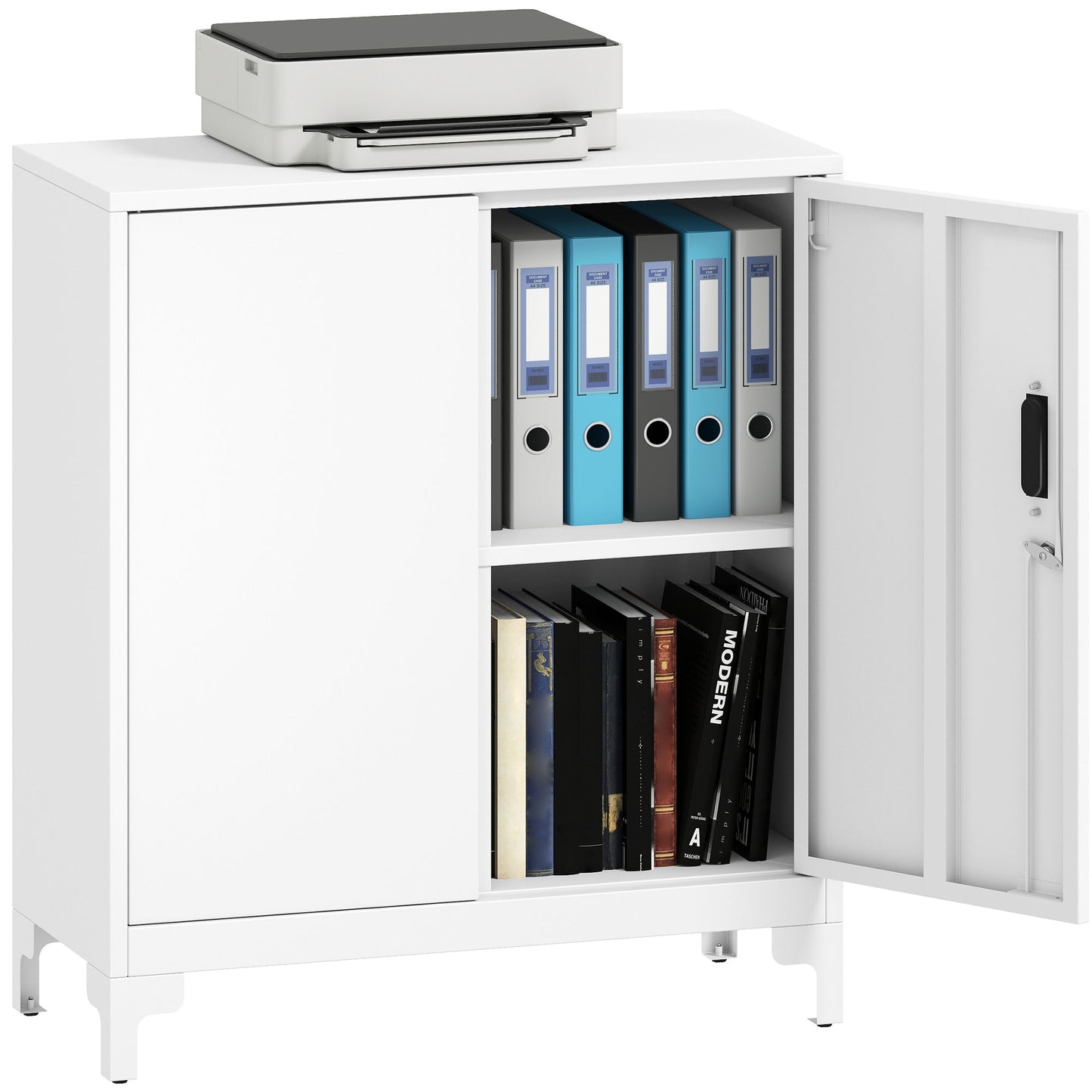 Lockable Metal Filing Cabinet, 2-Tier Storage Cupboard, White