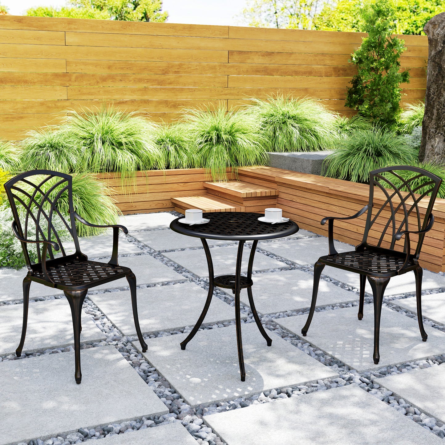 3 PCs Garden Bistro Set Outdoor Garden Furniture Set w/ Umbrella Hole