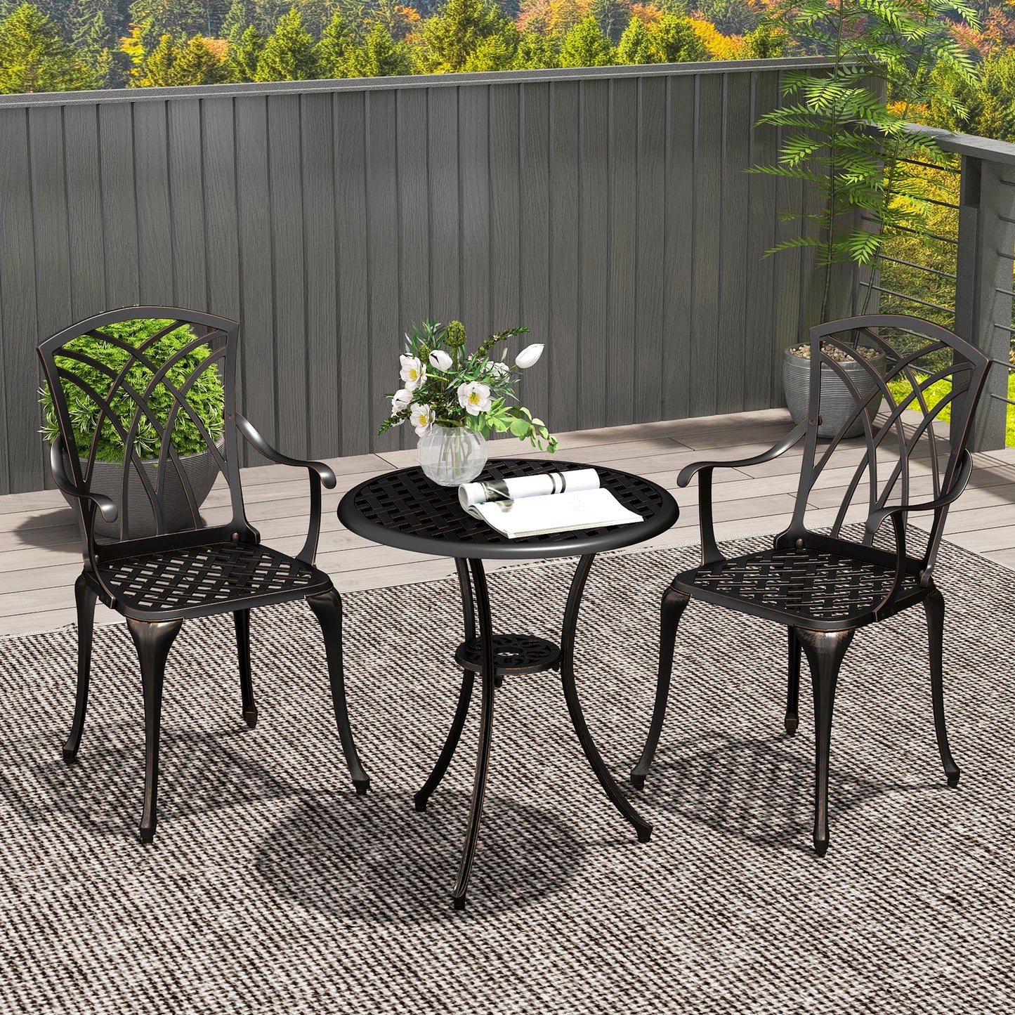 3 PCs Garden Bistro Set Outdoor Garden Furniture Set w/ Umbrella Hole