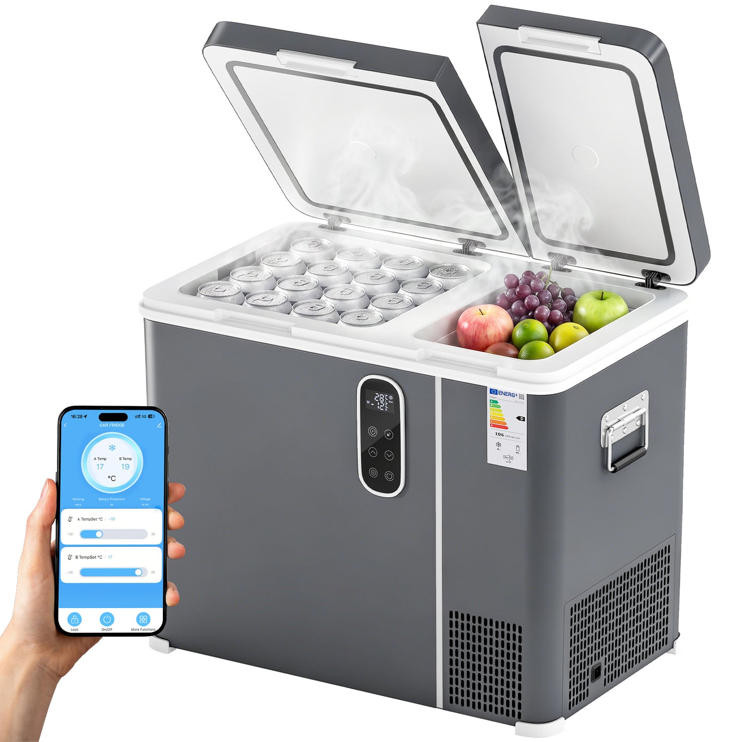 55L Compressor Car Fridge Freezer, Dual Zone Camping Refrigerator with App Control, 12/24V DC and 100-240V AC, Portable Electric Cool Box with Foldable Handle, Truck, Campervan, RV, Boat
