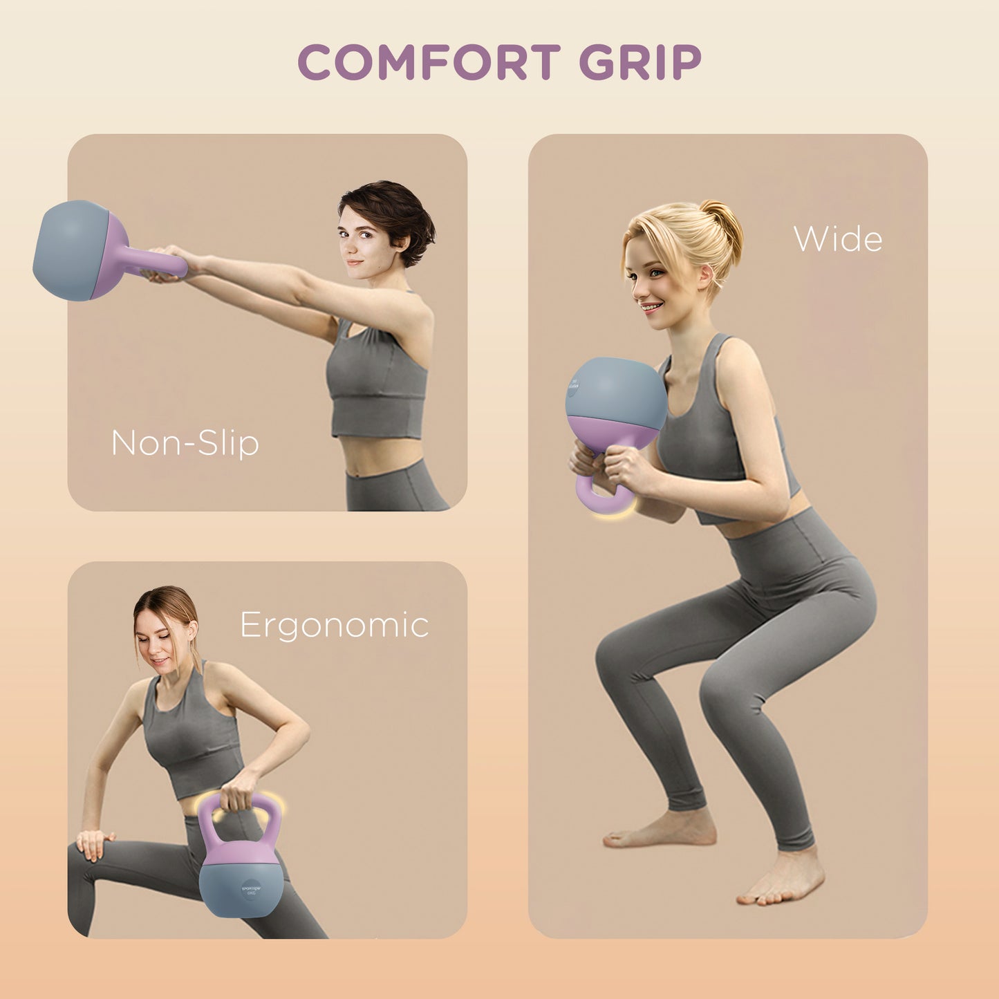 8KG Kettlebell with Soft Body and Non-Slip Handle, Purple and Grey