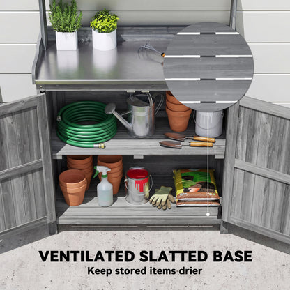 Wooden Potting Bench Table with Aluminium Worktop and Top Shelf
