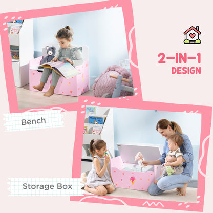2 in 1 Wooden Kids Storage Bench, Toy Box w/ Safety Rod - Pink