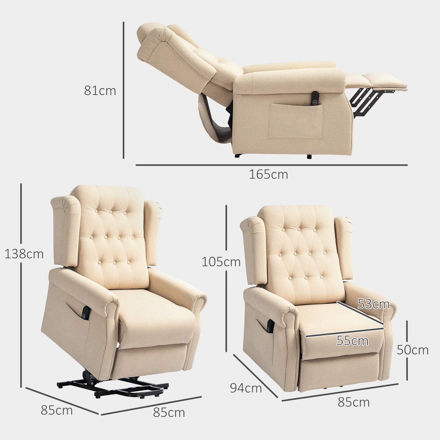 Power Lift Recliner Armchair with Wingback, Button Tufted, Beige