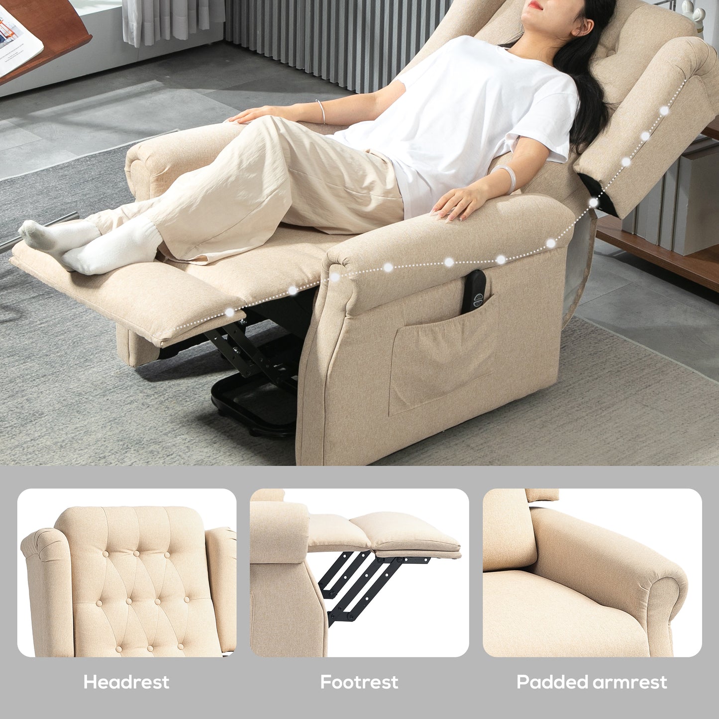 Power Lift Recliner Armchair with Wingback, Button Tufted, Beige