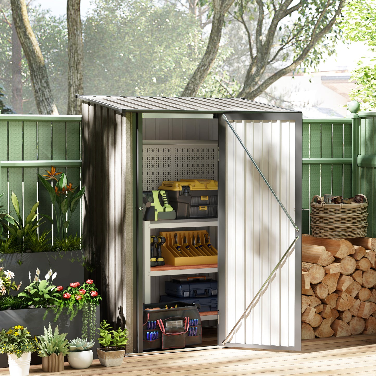 Outdoor Storage Shed Steel Garden Shed w/ Lockable Door Light Grey