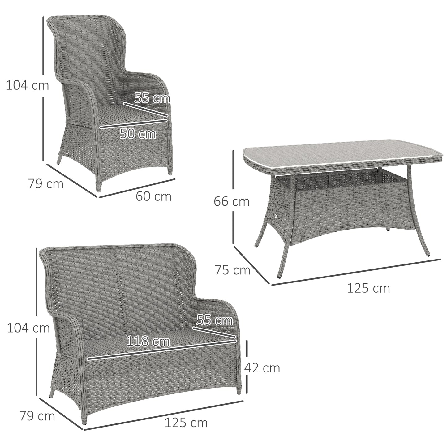 4 PCs Outdoor Rattan  Set, Wicker Sectional  Set Light Grey