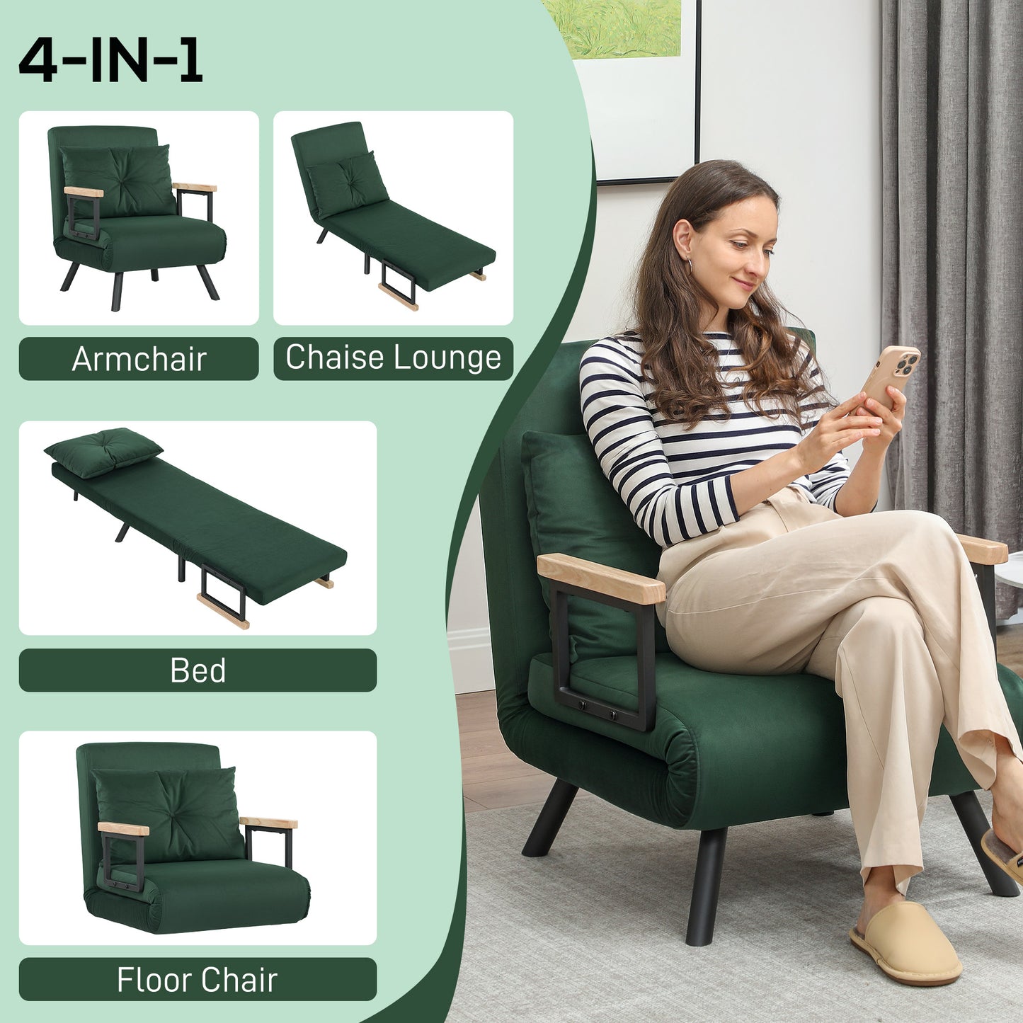 Click Clack Single Chair Bed Settee for Living Room, Green