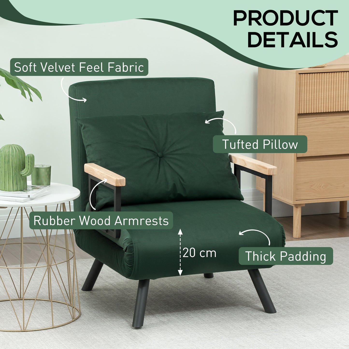 Click Clack Single Chair Bed Settee for Living Room, Green