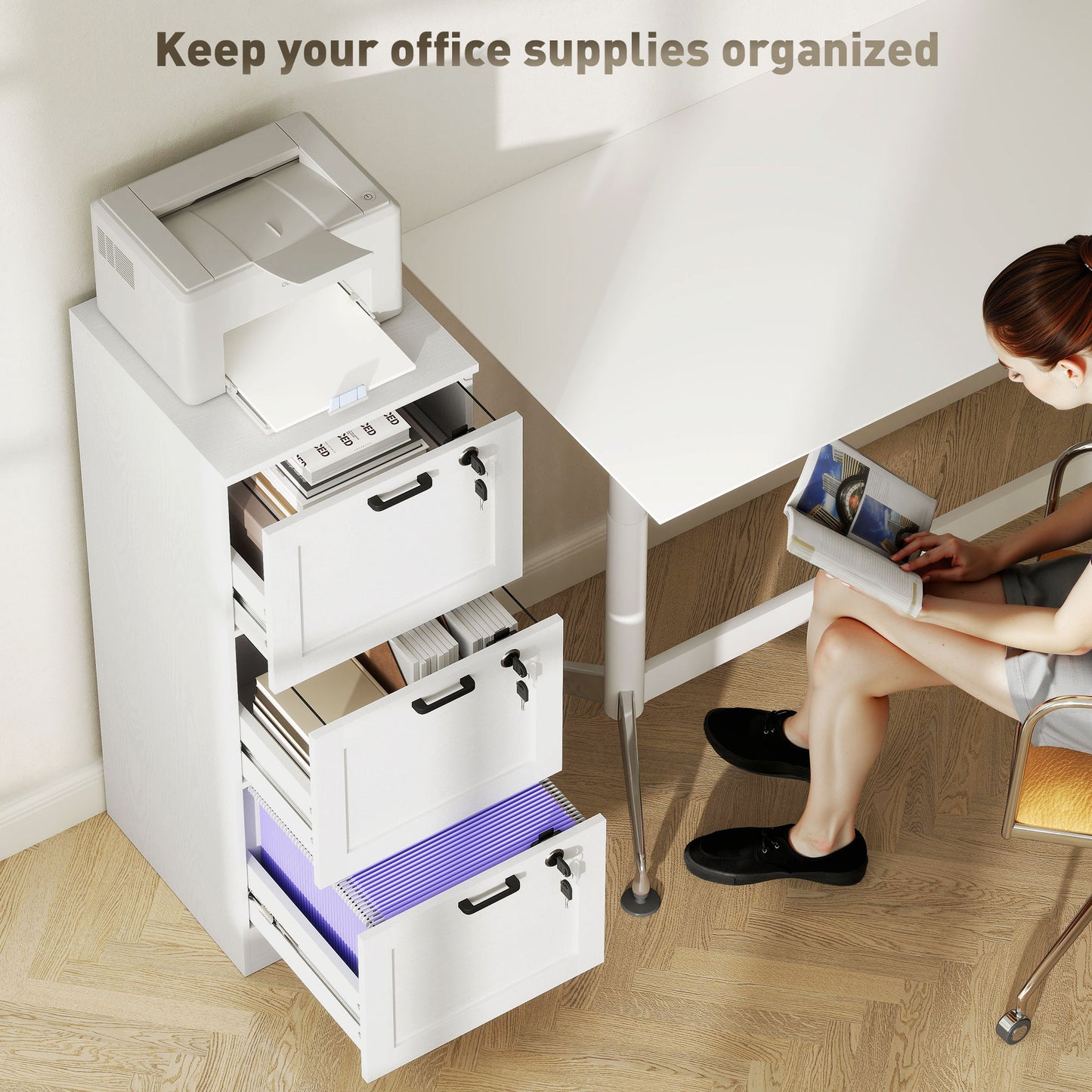 3-Drawer File Cabinet, Lockable Filing Cabinet for A4 Letter, White