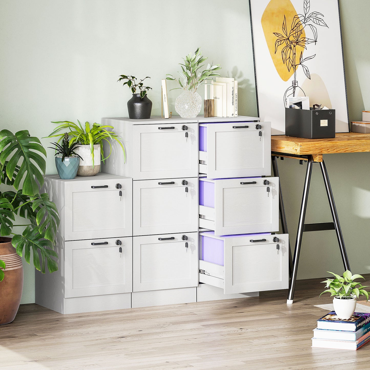 3-Drawer File Cabinet, Lockable Filing Cabinet for A4 Letter, White
