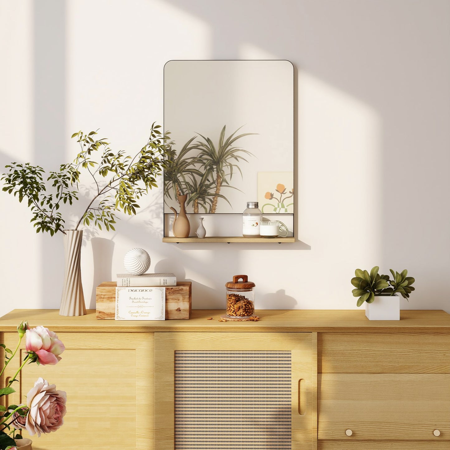 Decorative Mirror with Wood Shelf, Industrial Wall Mirror, Black