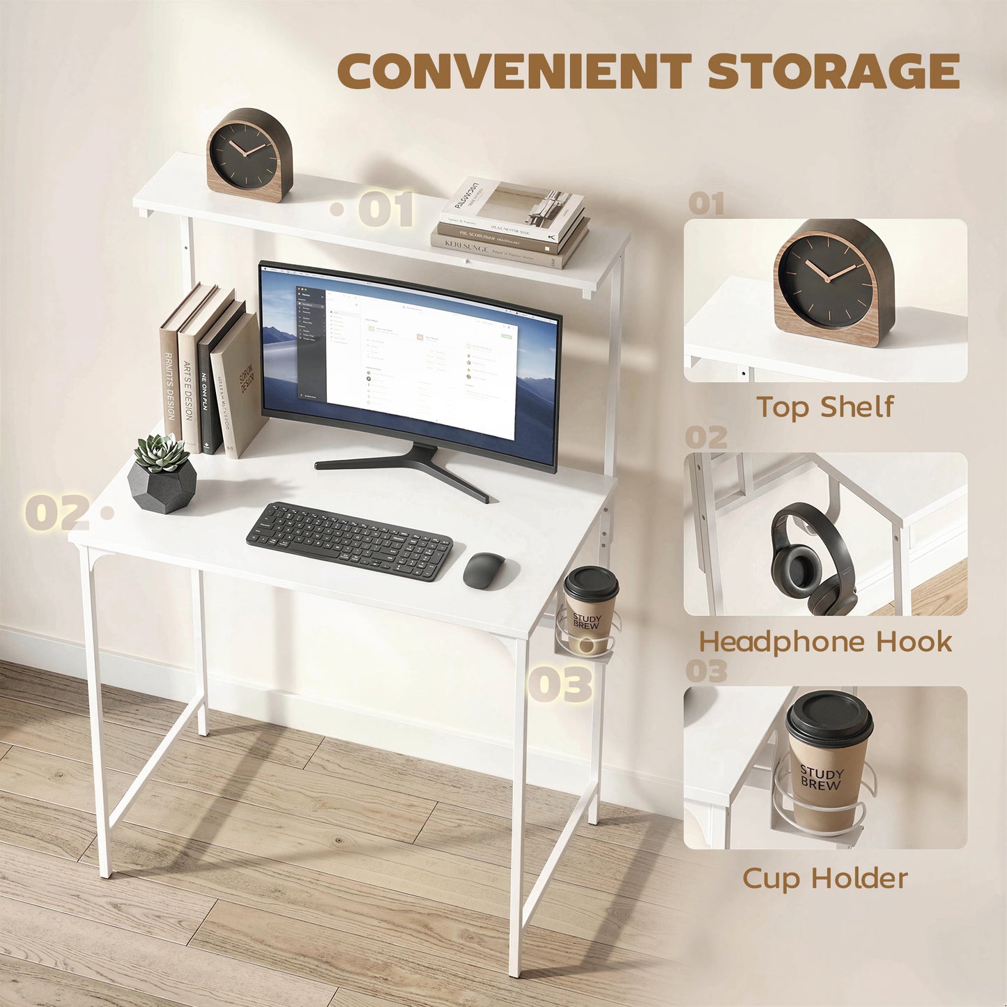Computer Desk, 80cm Home Office Study Table with Hutch Shelf, White