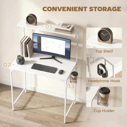 Computer Desk, 80cm Home Office Study Table with Hutch Shelf, White