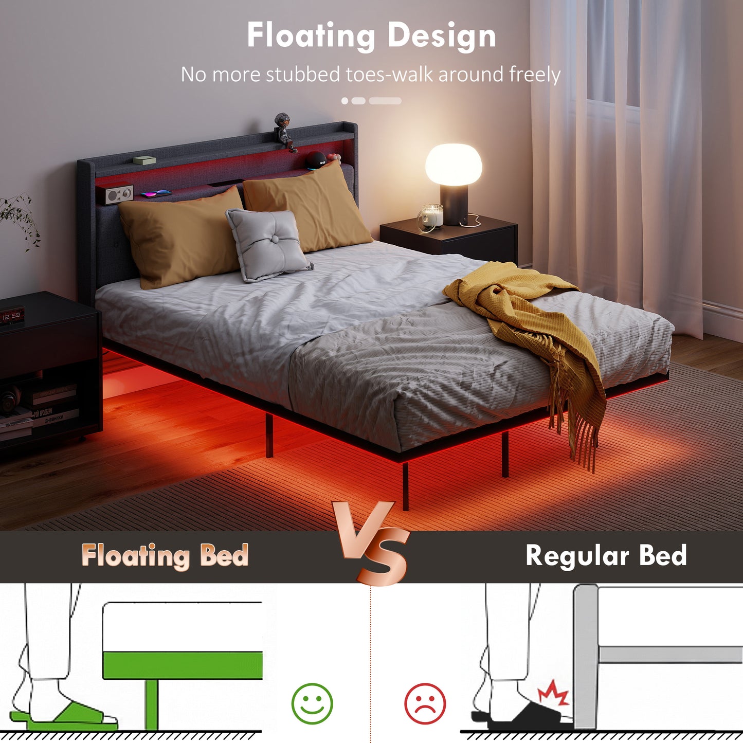 Floating Bed Frame with RGB Lights, Upholstered Double Size Bed, Grey