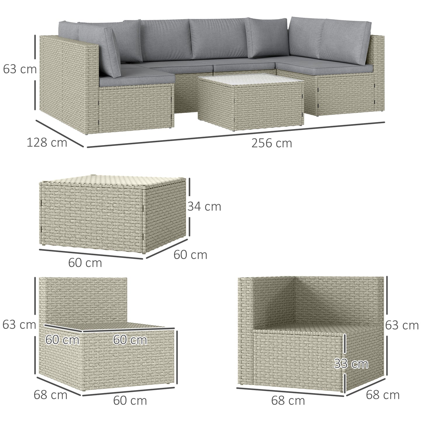 7 Pieces Rattan Garden Furniture Set with Cushions, Light Brown