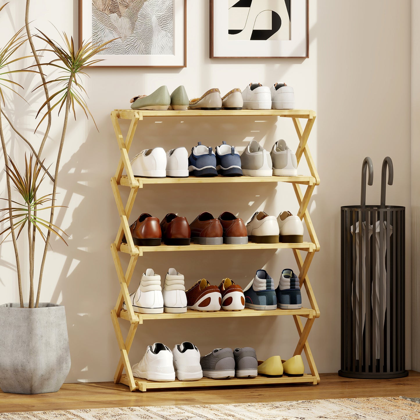 5-Tier Bamboo Shoe Rack, Folding Shoe Shelf, Holds up to 15 Pairs