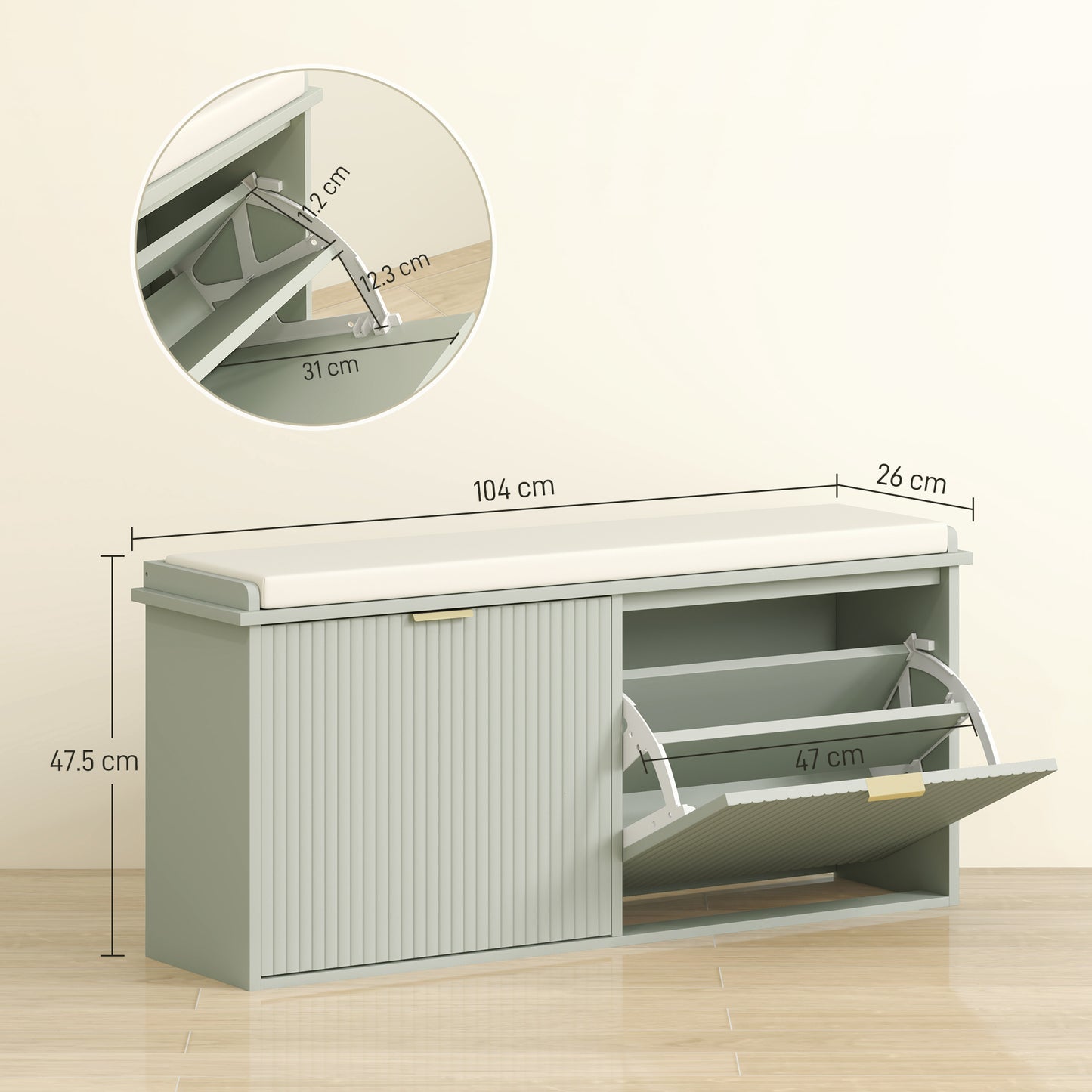 Shoe Storage Bench with Cushion and Flip-Drawer 104x26x47.5cm Green