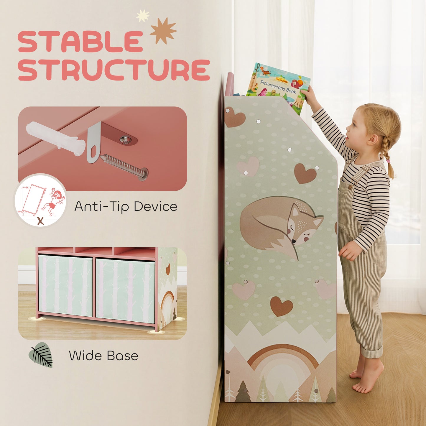 Kids Bookshelf with Storage, Toy Storage Unit for Playroom, Pink