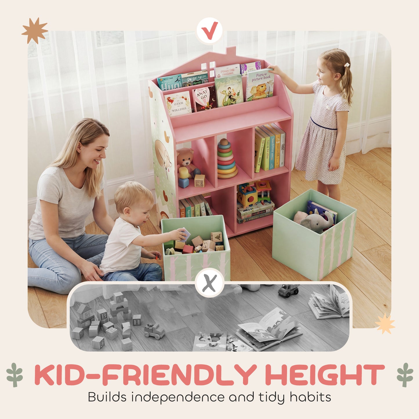 Kids Bookshelf with Storage, Toy Storage Unit for Playroom, Pink