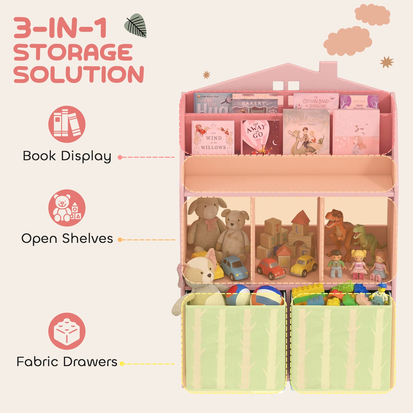 Kids Bookshelf with Storage, Toy Storage Unit for Playroom, Pink