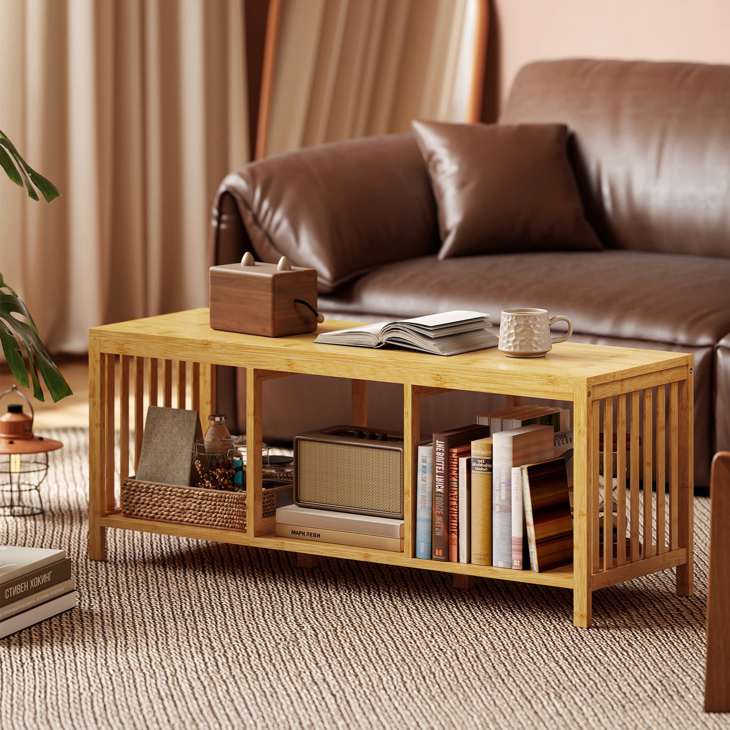 Shoe Rack with Seat, Bamboo Storage Bench, Natural Wood Finish