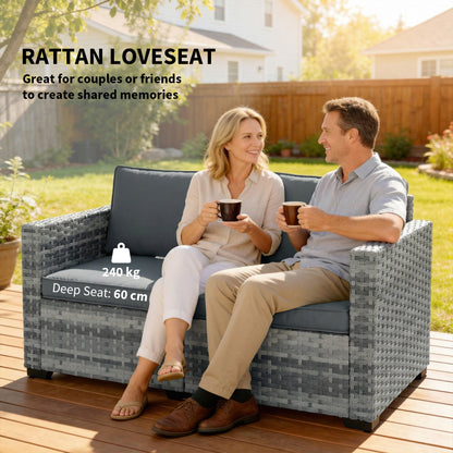 2 Seater Rattan Garden Sofa with Deep Seat, Wide Arms, Mixed Grey