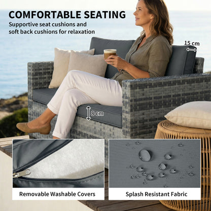 2 Seater Rattan Garden Sofa with Deep Seat, Wide Arms, Mixed Grey