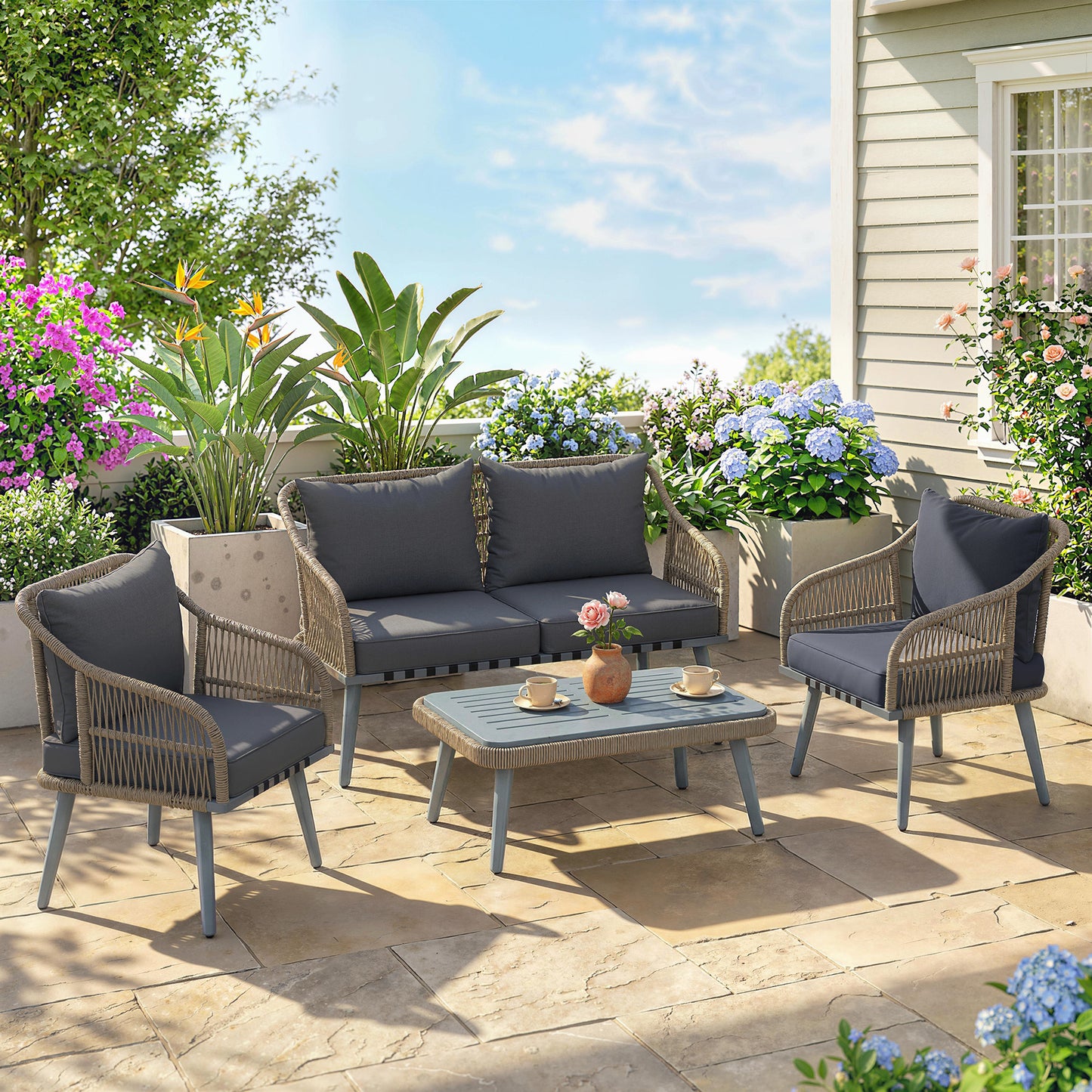 4 Piece Rattan Garden Furniture Set w/ Thick Cushions, Grey