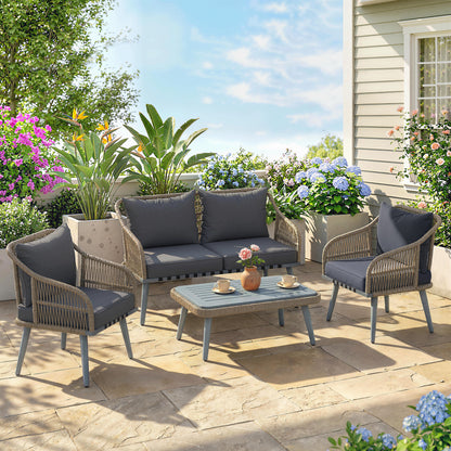 4 Piece Rattan Garden Furniture Set w/ Thick Cushions, Grey