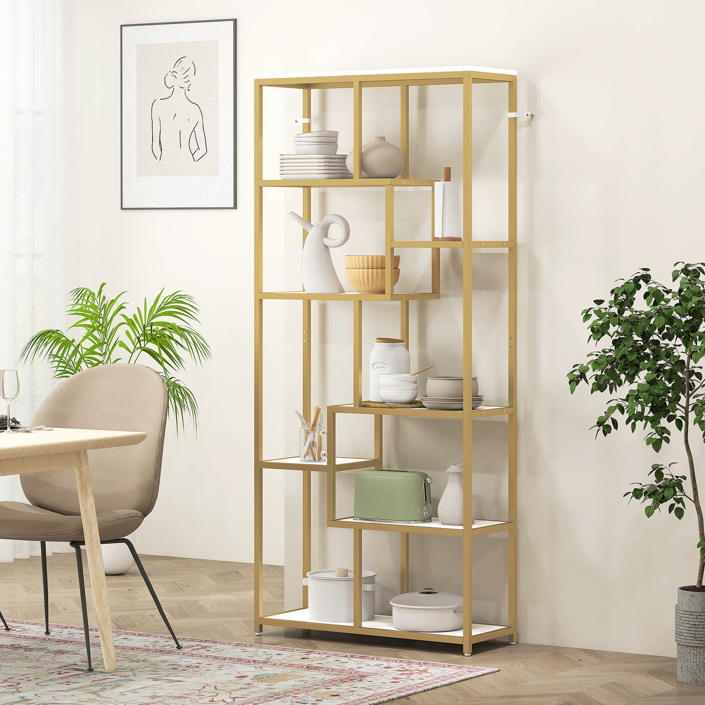 Modern Bookcase 7-Tier Bookshelf Shelving Unit White Gold Tone