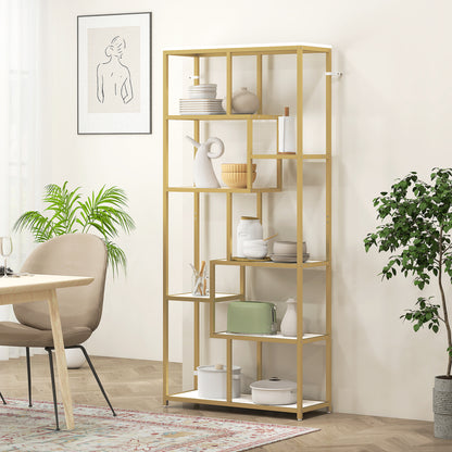 Modern Bookcase 7-Tier Bookshelf Shelving Unit White Gold Tone