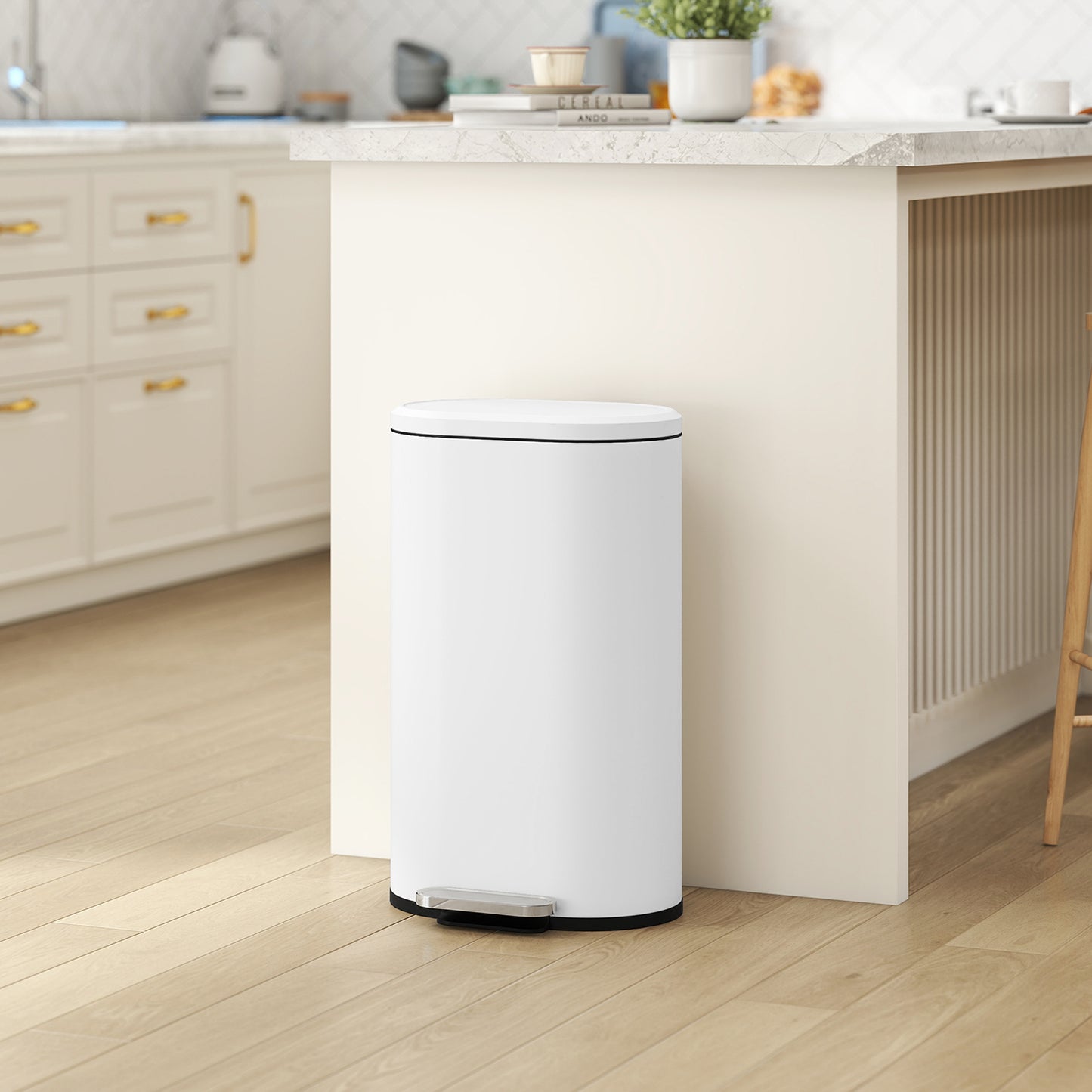 Slim Rectangular Pedal Bin with Soft-Close Lid, 30L Kitchen Bin White