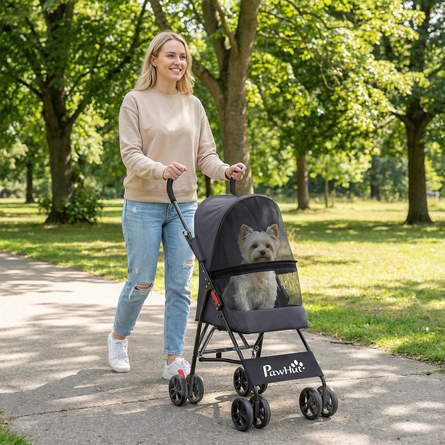 Foldable Dog Stroller with Mesh Windows for Mini Dogs, Dark Grey