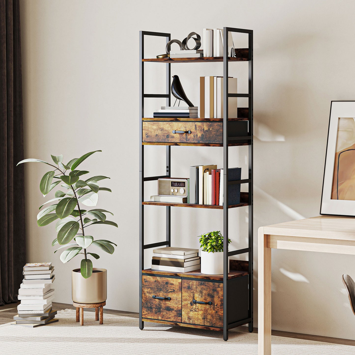 Industrial Bookshelf with 4 Shelves and 3 Fabric Drawers Rustic Brown
