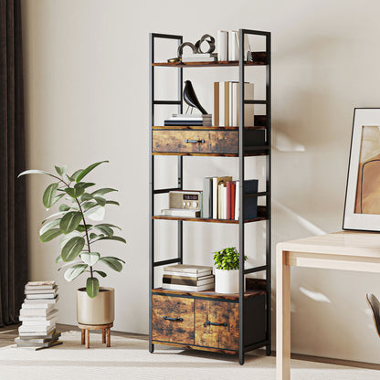 Industrial Bookshelf with 4 Shelves and 3 Fabric Drawers Rustic Brown